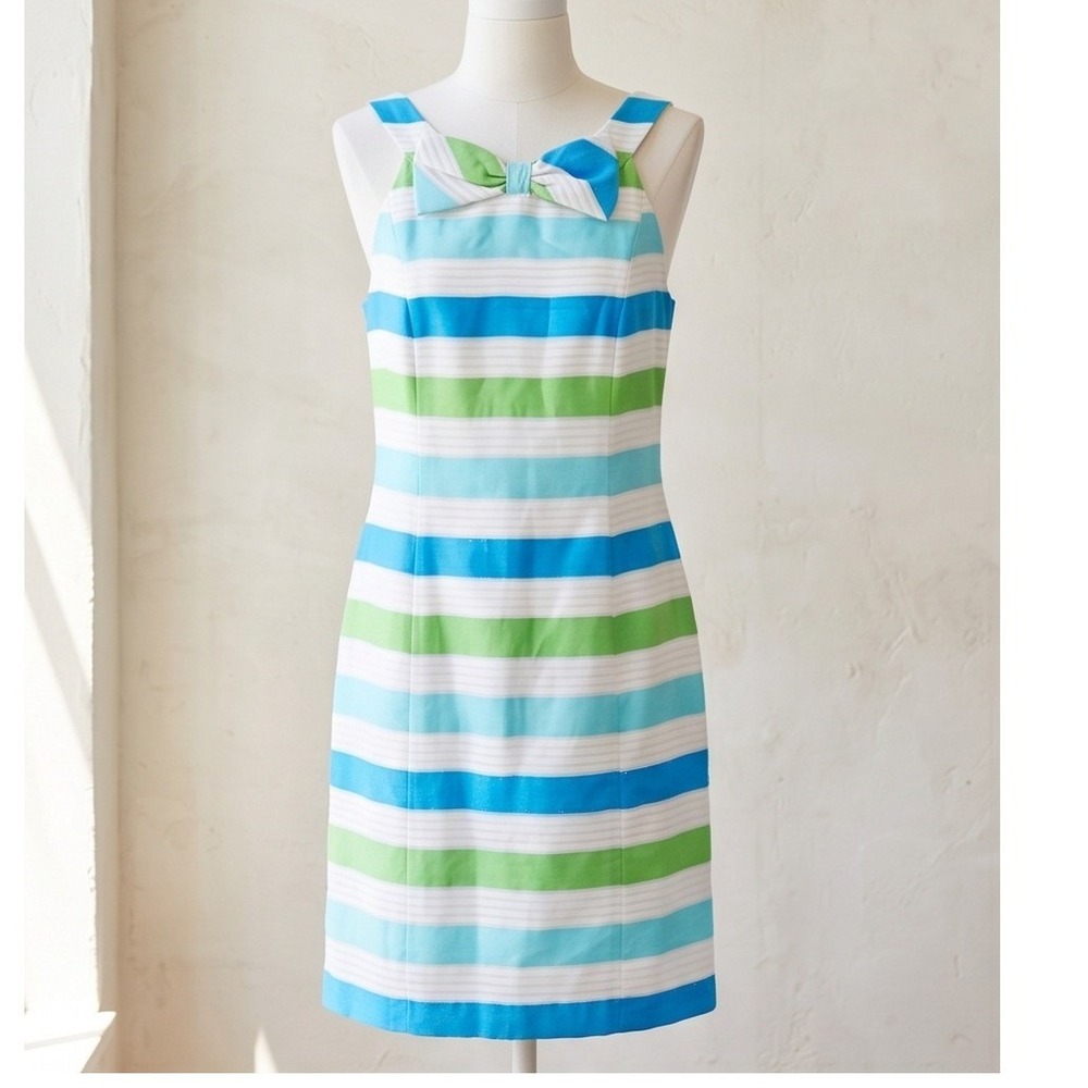 Lilly Pulitzer 14 Elias Dress Silk Cotton Striped Bow Sleeveless Green Blue